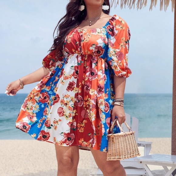 Boho Plus Floral Print Puff Sleeve Vibrant Mini Dress - Picture 2 of 5